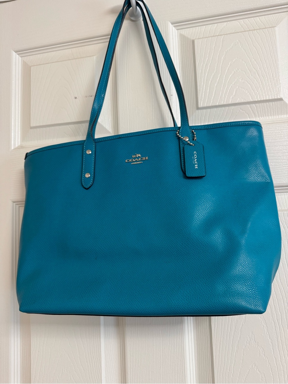 Coach Pebbled Leather Tote in Teal Blue